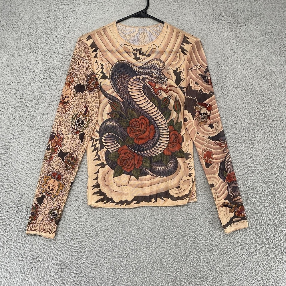 Miami Ink Tattoo Mesh Shirt Womens XS/S Y2K Graphic Tee Gothic Snake Devil